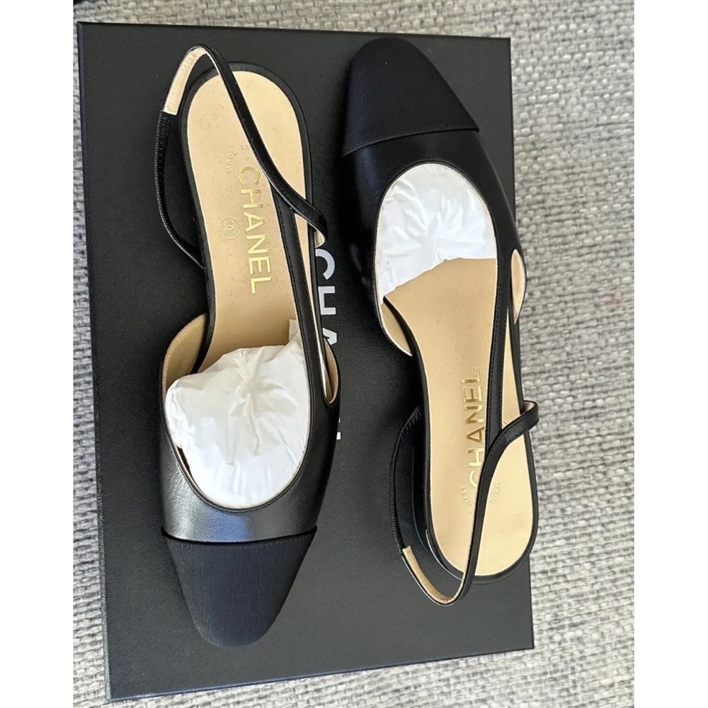 Goatskin Grosgrain Cap Toe CC Slingback Ballerina Flats in Black FR 38 / US 7 - Picture 9 of 15